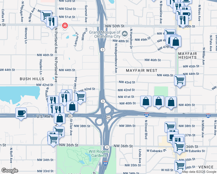 map of restaurants, bars, coffee shops, grocery stores, and more near 3305 Northwest 43rd Street in Oklahoma City