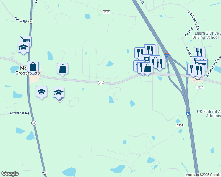 map of restaurants, bars, coffee shops, grocery stores, and more near 12697 North Carolina 210 in Benson