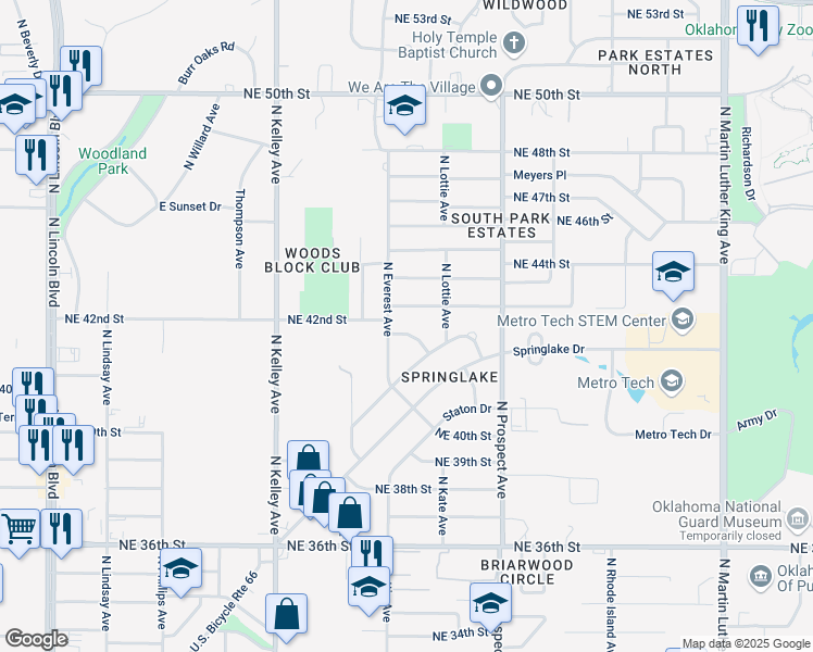 map of restaurants, bars, coffee shops, grocery stores, and more near 1205 Northeast 42nd Street in Oklahoma City