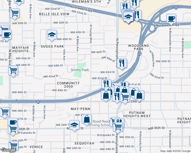 map of restaurants, bars, coffee shops, grocery stores, and more near 2237 Northwest 43rd Street in Oklahoma City