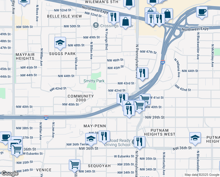 map of restaurants, bars, coffee shops, grocery stores, and more near 2237 Northwest 43rd Street in Oklahoma City