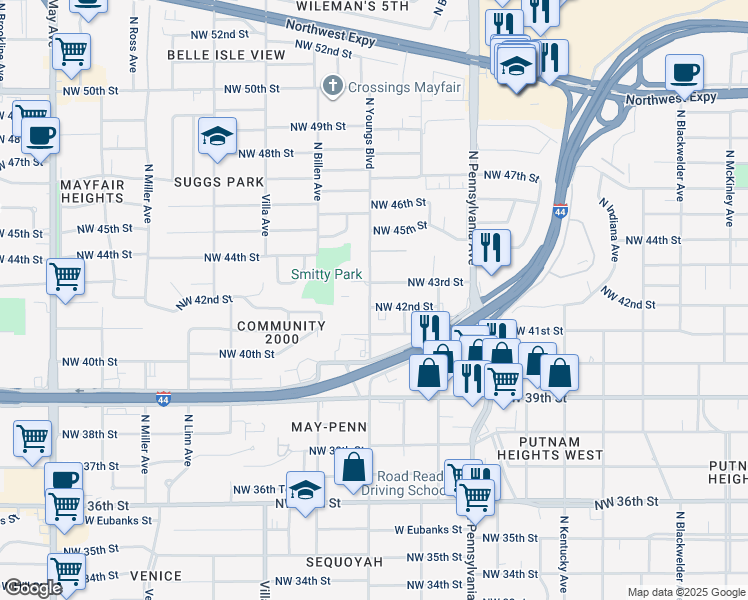 map of restaurants, bars, coffee shops, grocery stores, and more near 2307 Northwest 43rd Street in Oklahoma City