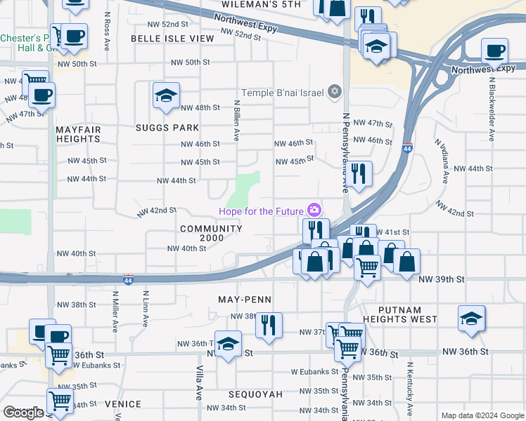 map of restaurants, bars, coffee shops, grocery stores, and more near 2307 Northwest 43rd Street in Oklahoma City