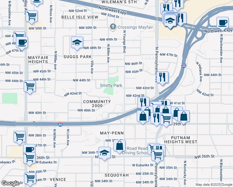 map of restaurants, bars, coffee shops, grocery stores, and more near 2307 Northwest 43rd Street in Oklahoma City