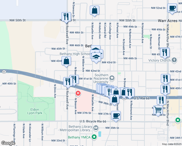 map of restaurants, bars, coffee shops, grocery stores, and more near 4305 North Mueller Avenue in Bethany