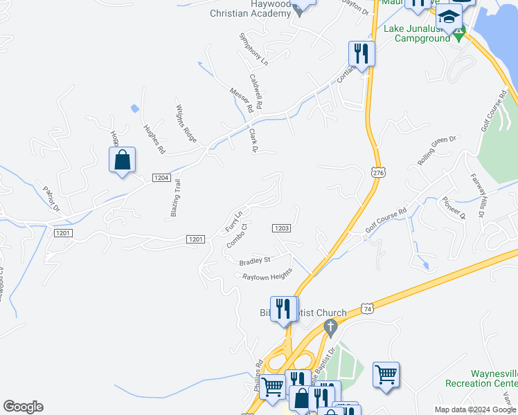 map of restaurants, bars, coffee shops, grocery stores, and more near Raspberry Lane in Lake Junaluska