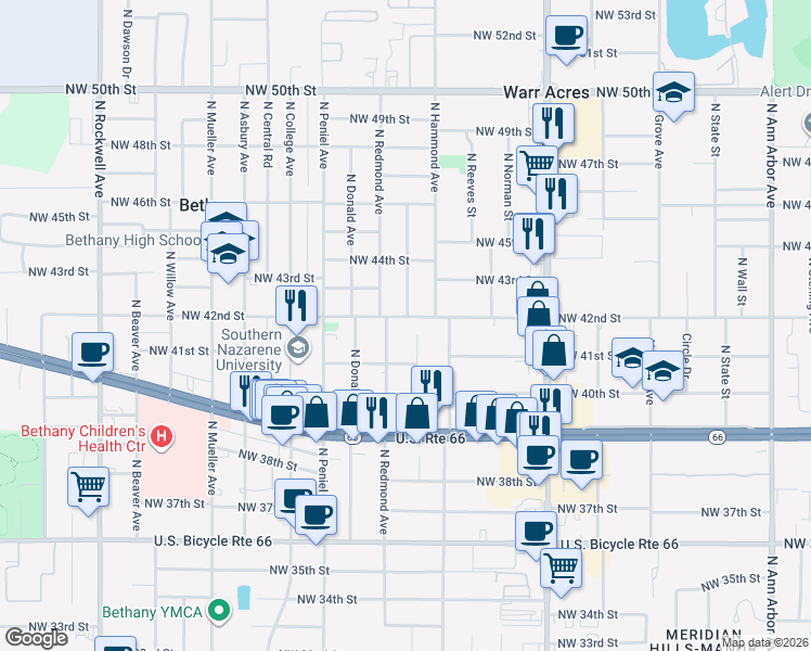 map of restaurants, bars, coffee shops, grocery stores, and more near 4305 North Wheeler Avenue in Bethany