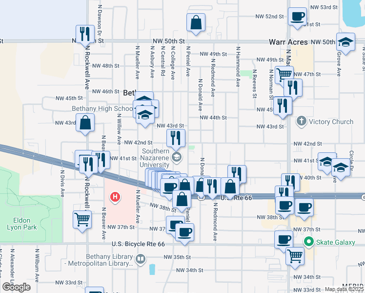 map of restaurants, bars, coffee shops, grocery stores, and more near 4304 North College Avenue in Bethany