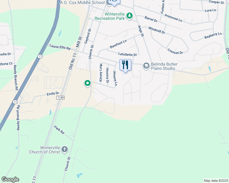 map of restaurants, bars, coffee shops, grocery stores, and more near 282 Jeremy Lane in Winterville