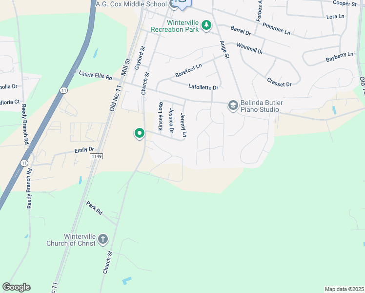 map of restaurants, bars, coffee shops, grocery stores, and more near 282 Jeremy Lane in Winterville