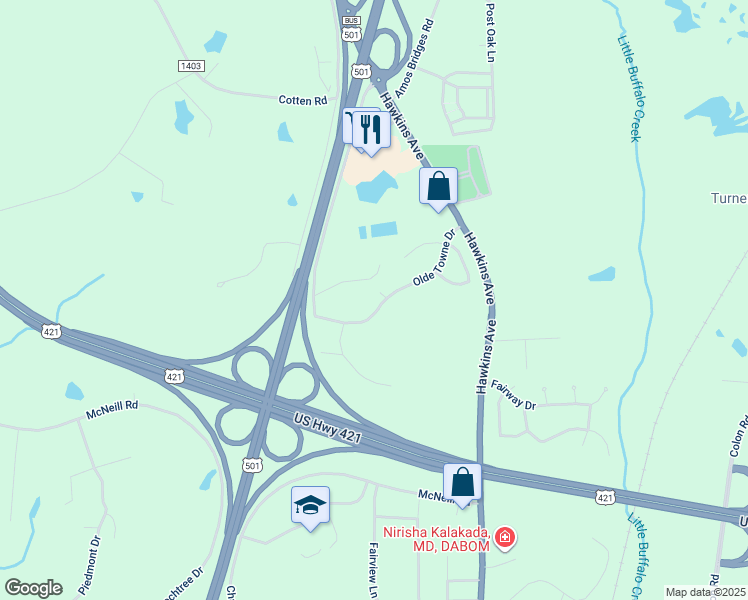 map of restaurants, bars, coffee shops, grocery stores, and more near 403 Olde Towne Drive in Sanford