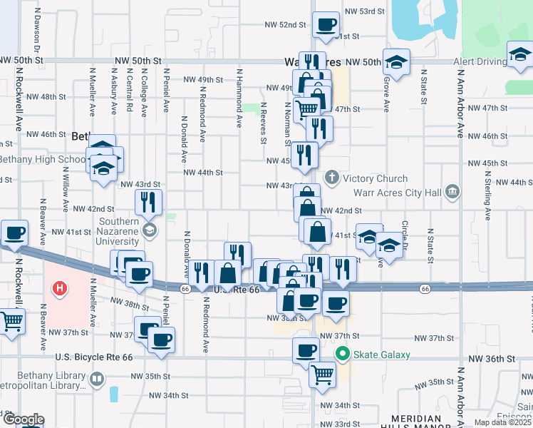 map of restaurants, bars, coffee shops, grocery stores, and more near 5913 Northwest 42nd Street in Warr Acres
