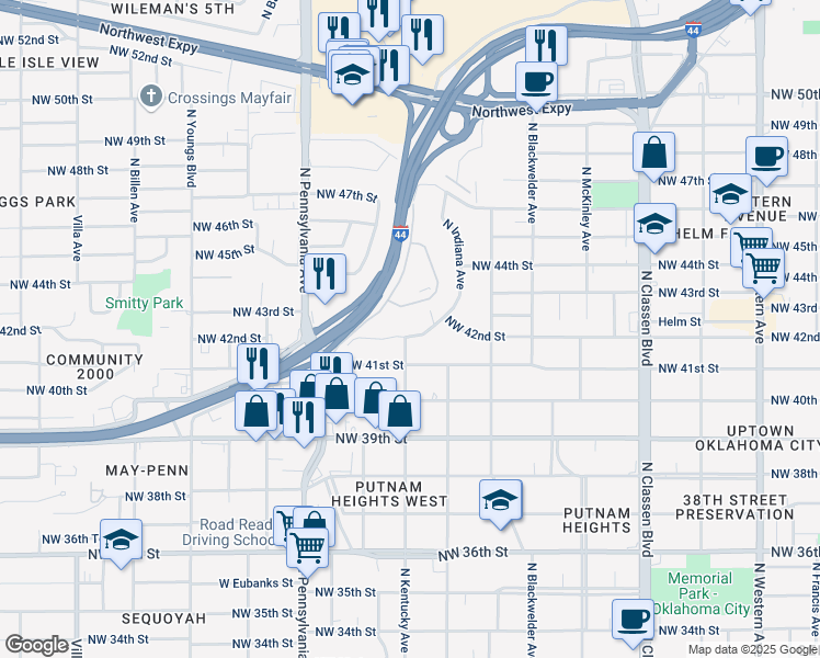 map of restaurants, bars, coffee shops, grocery stores, and more near 1841 Northwest 42nd Street in Oklahoma City