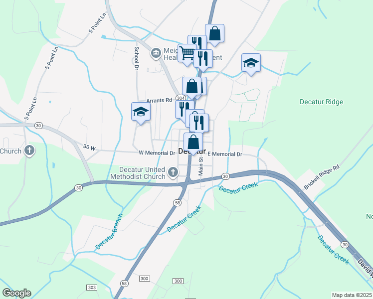 map of restaurants, bars, coffee shops, grocery stores, and more near in Decatur