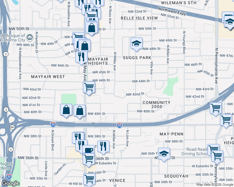 map of restaurants, bars, coffee shops, grocery stores, and more near 4400 North Miller Avenue in Oklahoma City