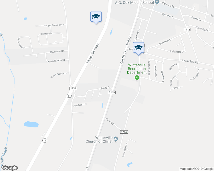 map of restaurants, bars, coffee shops, grocery stores, and more near 213 Emily Drive in Winterville