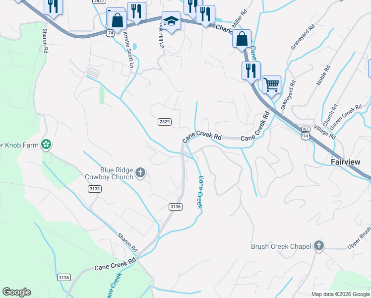 map of restaurants, bars, coffee shops, grocery stores, and more near 3165 Cane Creek Road in Fairview