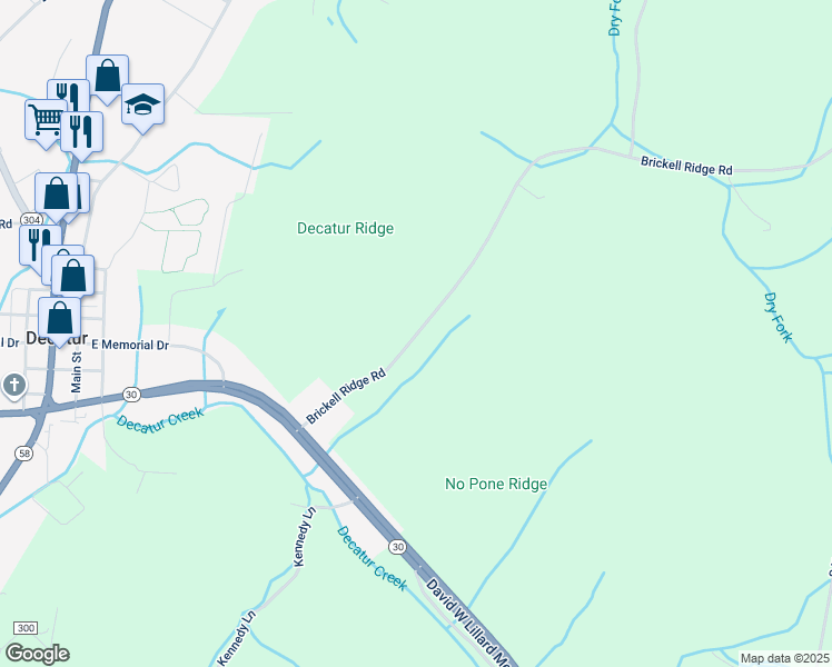 map of restaurants, bars, coffee shops, grocery stores, and more near Brickell Ridge Road in Decatur