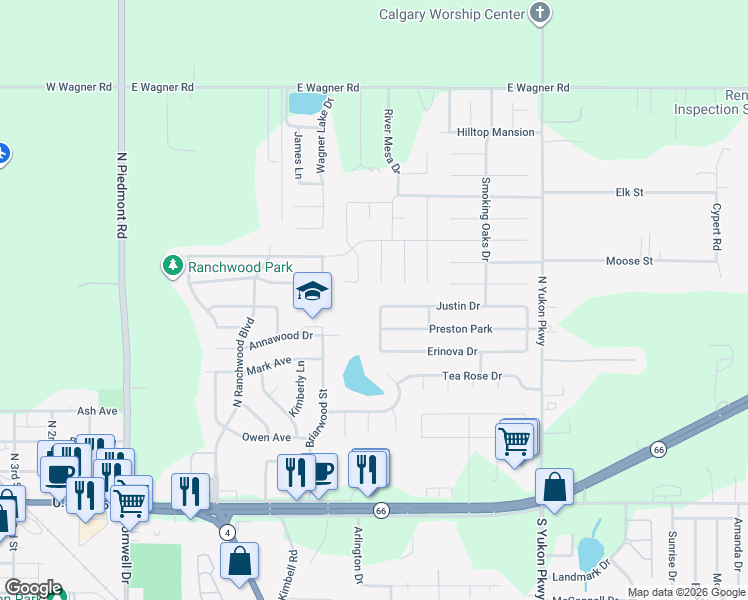 map of restaurants, bars, coffee shops, grocery stores, and more near 1000 Maple Street in Yukon
