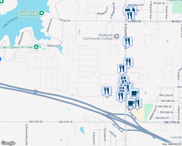 map of restaurants, bars, coffee shops, grocery stores, and more near 1823 Post Oak Road in El Reno
