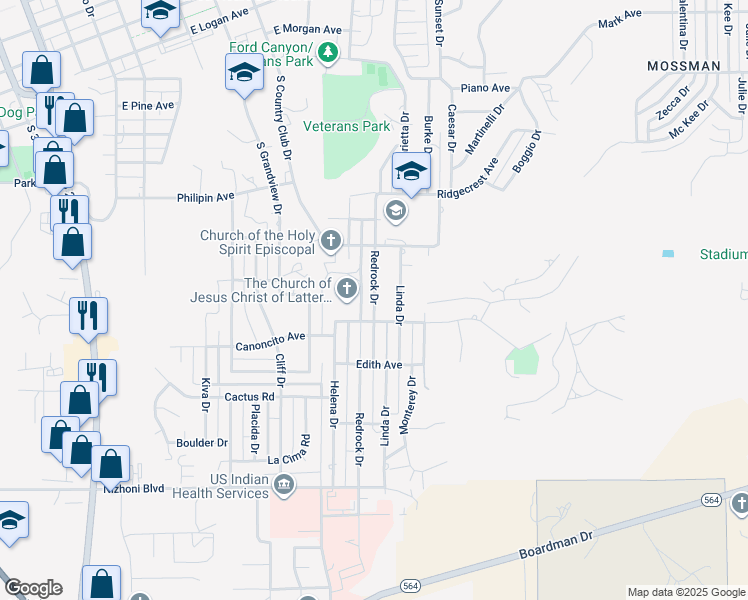 map of restaurants, bars, coffee shops, grocery stores, and more near 1424 Redrock Drive in Gallup