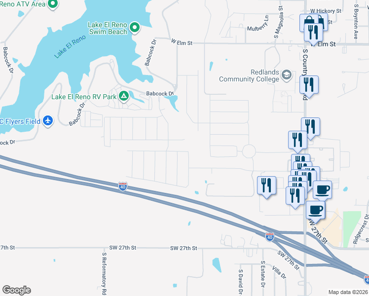 map of restaurants, bars, coffee shops, grocery stores, and more near 2101 Scarlet Lane in El Reno