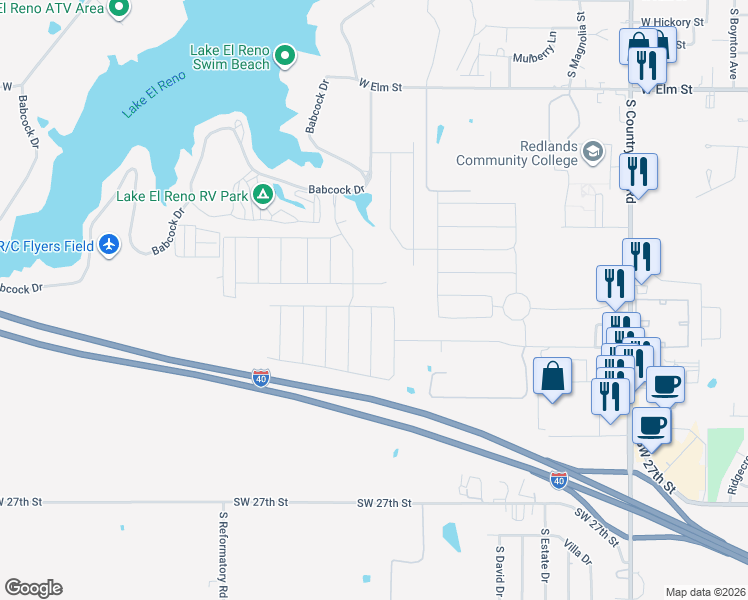 map of restaurants, bars, coffee shops, grocery stores, and more near 2101 Scarlet Lane in El Reno