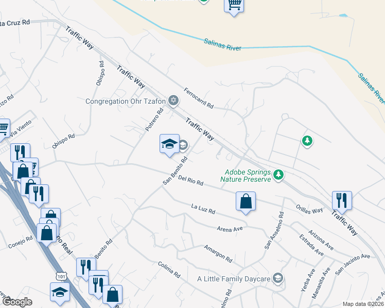 map of restaurants, bars, coffee shops, grocery stores, and more near 4175 San Benito Road in Atascadero