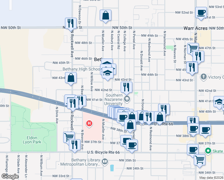 map of restaurants, bars, coffee shops, grocery stores, and more near 6721 Northwest 42nd Street in Bethany