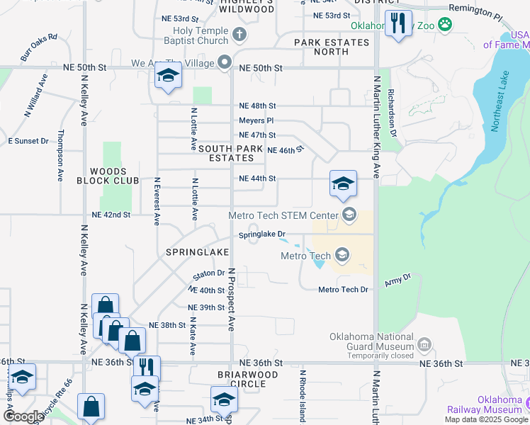 map of restaurants, bars, coffee shops, grocery stores, and more near 1543 Northeast 42nd Street in Oklahoma City