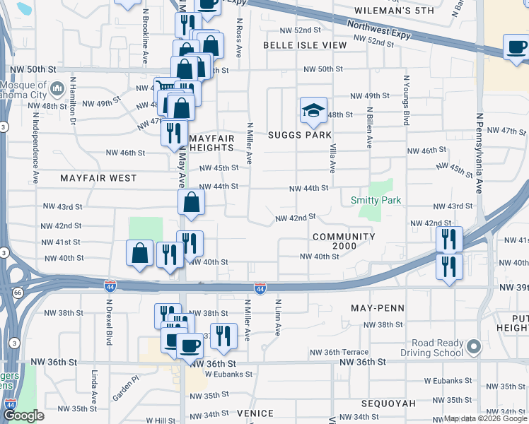 map of restaurants, bars, coffee shops, grocery stores, and more near 2625 Northwest 43rd Street in Oklahoma City