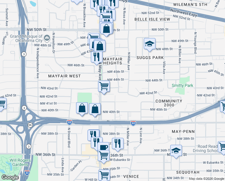 map of restaurants, bars, coffee shops, grocery stores, and more near 2825 Northwest 43rd Street in Oklahoma City