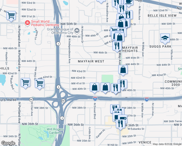 map of restaurants, bars, coffee shops, grocery stores, and more near 3105 Northwest 43rd Street in Oklahoma City