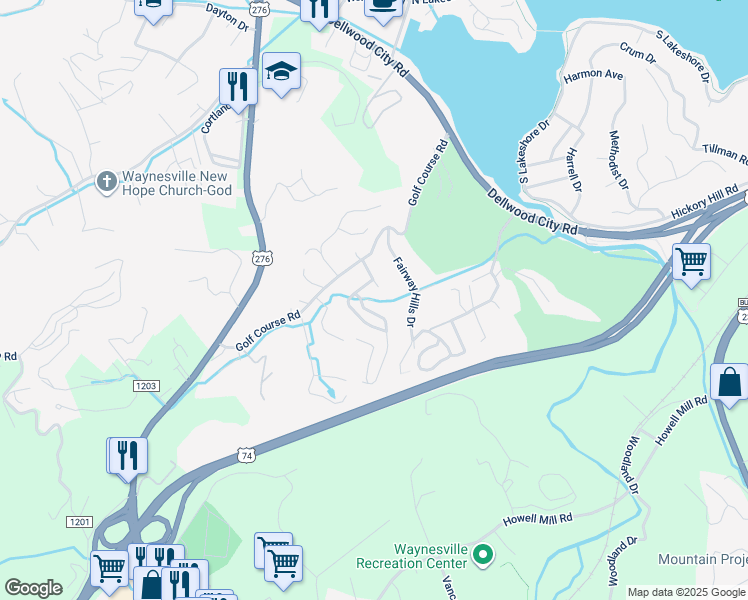 map of restaurants, bars, coffee shops, grocery stores, and more near 47 Watkins Harpe Drive in Waynesville