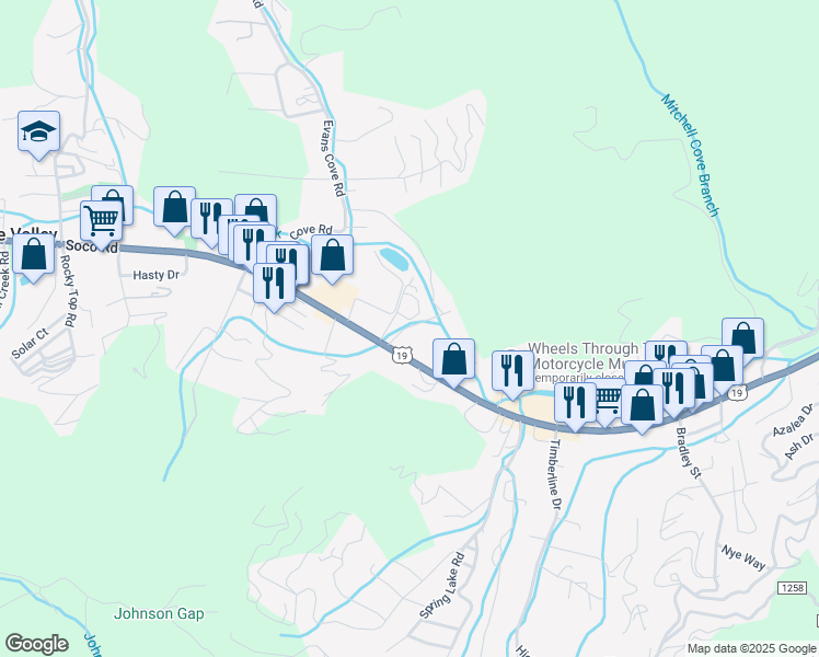 map of restaurants, bars, coffee shops, grocery stores, and more near 9 Sanibel Lane in Maggie Valley