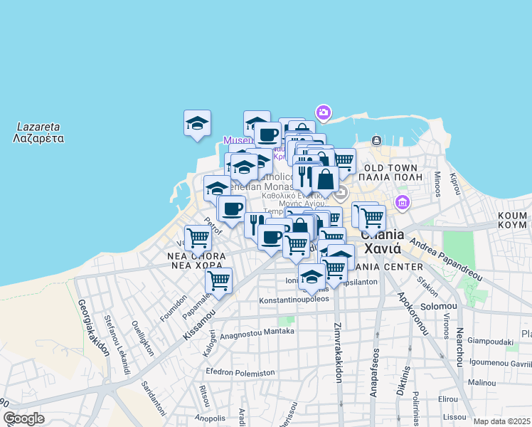 map of restaurants, bars, coffee shops, grocery stores, and more near 46 Meletiou Metaxaki in Chania