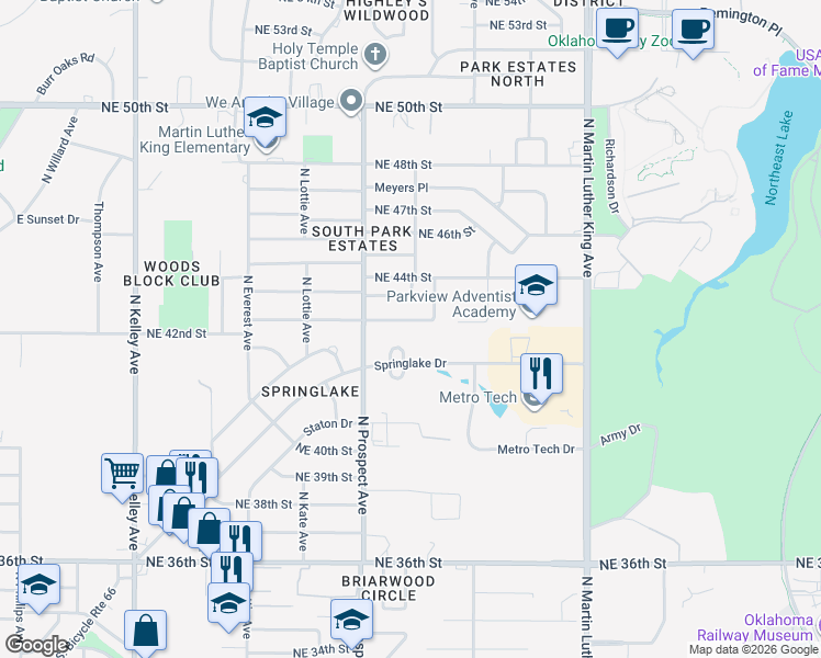 map of restaurants, bars, coffee shops, grocery stores, and more near 1543 Northeast 42nd Street in Oklahoma City