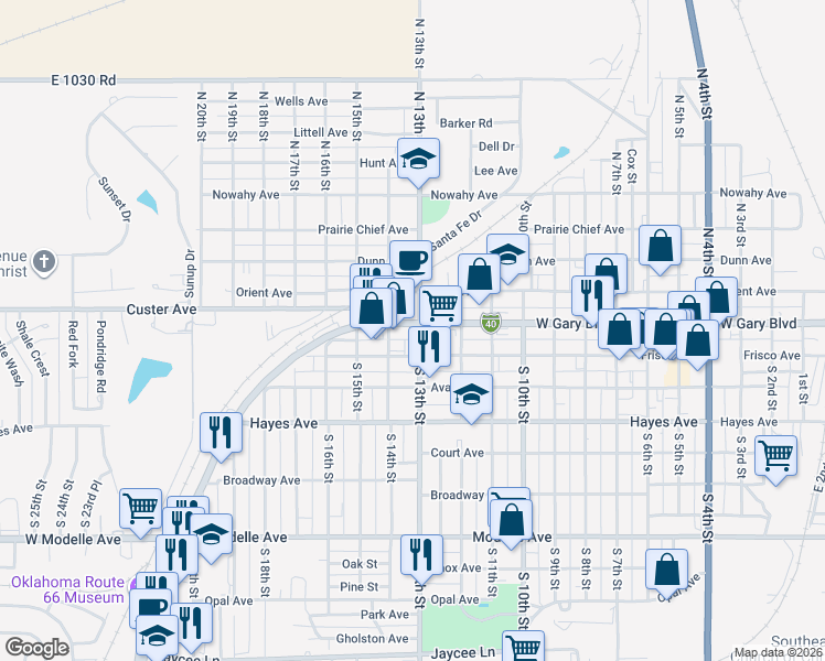 map of restaurants, bars, coffee shops, grocery stores, and more near 1300 West Gary Boulevard in Clinton