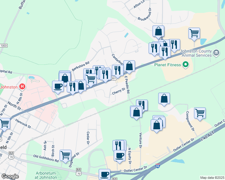 map of restaurants, bars, coffee shops, grocery stores, and more near 37 Dail Street in Smithfield