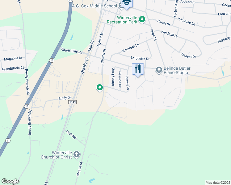 map of restaurants, bars, coffee shops, grocery stores, and more near 253 Jeremy Lane in Winterville