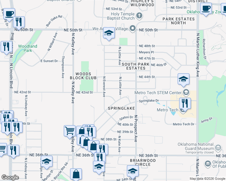 map of restaurants, bars, coffee shops, grocery stores, and more near 1241 Northeast 42nd Street in Oklahoma City