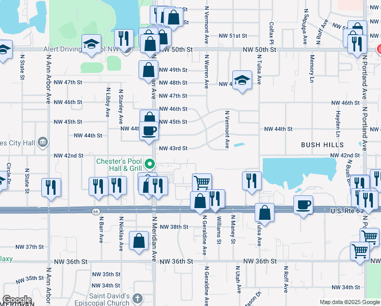 map of restaurants, bars, coffee shops, grocery stores, and more near 4312 Northwest 43rd Street in Oklahoma City