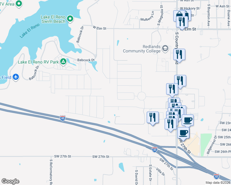 map of restaurants, bars, coffee shops, grocery stores, and more near 1736 Eighty-Niner Ter in El Reno