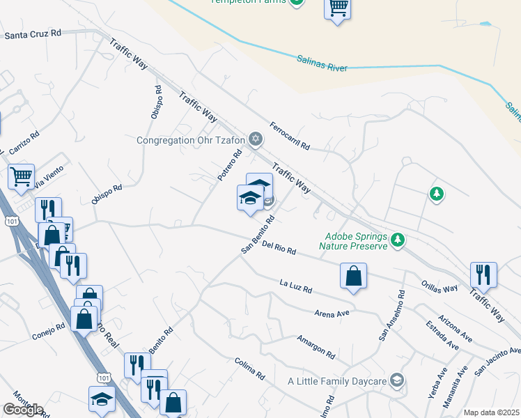 map of restaurants, bars, coffee shops, grocery stores, and more near 4300 San Benito Road in Atascadero