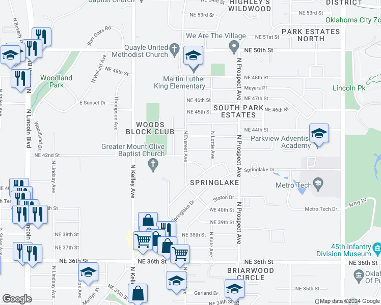map of restaurants, bars, coffee shops, grocery stores, and more near 1204 Northeast 42nd Street in Oklahoma City