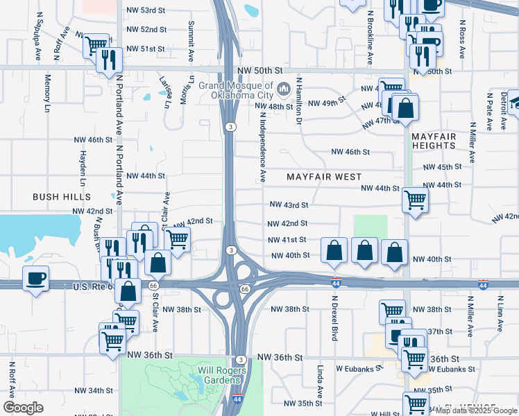 map of restaurants, bars, coffee shops, grocery stores, and more near 3300 Northwest 43rd Street in Oklahoma City