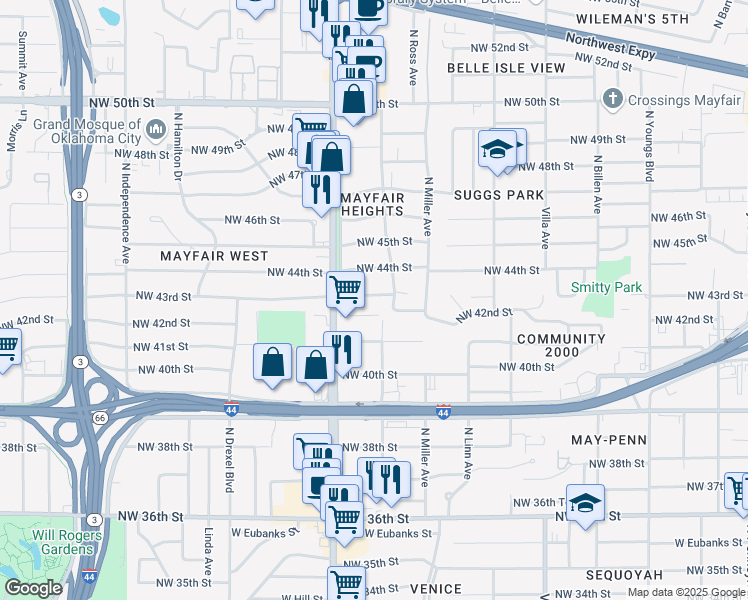 map of restaurants, bars, coffee shops, grocery stores, and more near 2812 Northwest 43rd Street in Oklahoma City