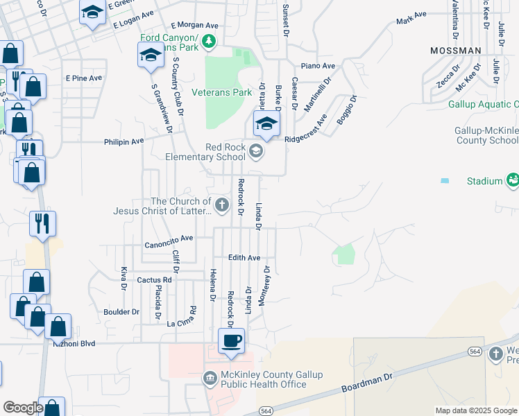 map of restaurants, bars, coffee shops, grocery stores, and more near 1419 Linda Drive in Gallup