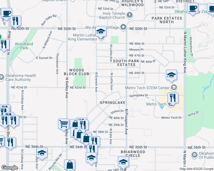 map of restaurants, bars, coffee shops, grocery stores, and more near 1232 Northeast 42nd Street in Oklahoma City
