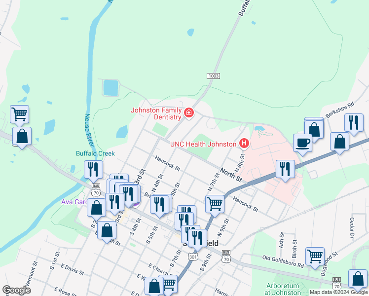 map of restaurants, bars, coffee shops, grocery stores, and more near 407 North Street in Smithfield